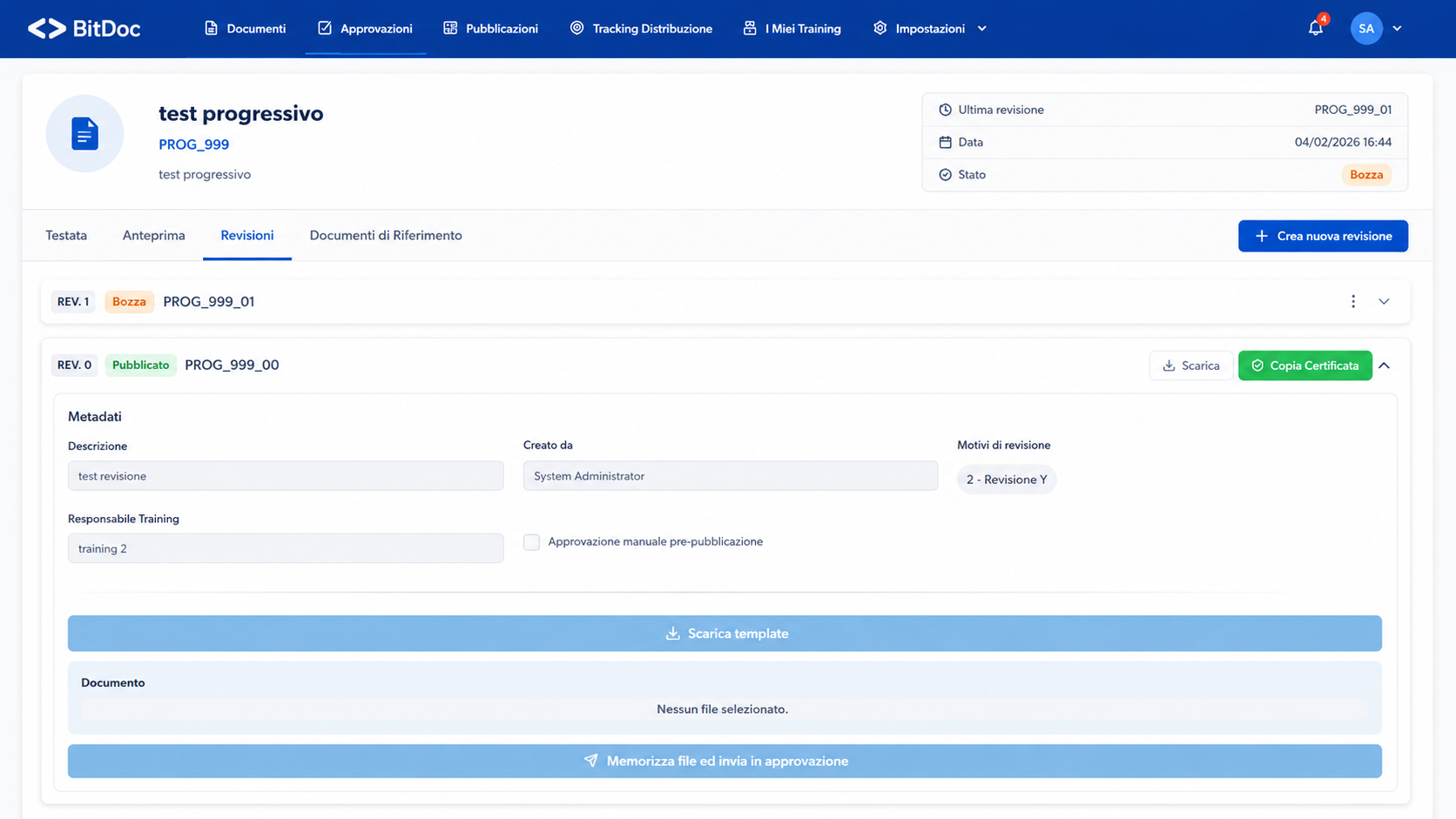 Scheda documento di BitDoc con storico revisioni, metadati e generazione del certificato