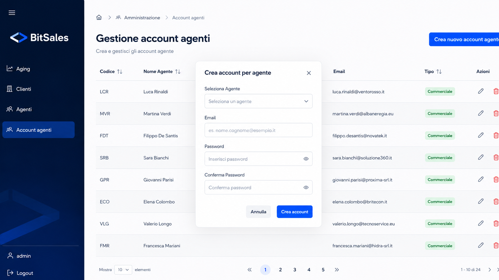 Gestione degli account agenti in BitSales con creazione di nuovi accessi